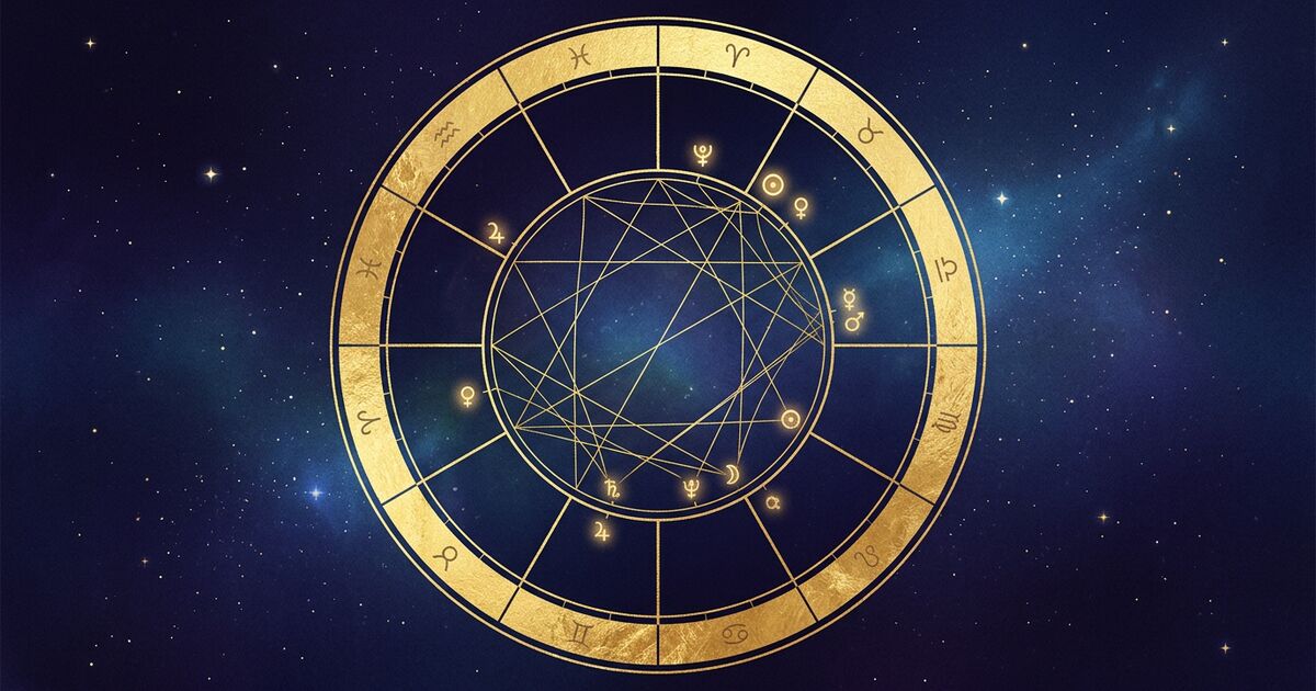 A luminous painterly birth-chart wheel rendered in gold leaf — twelve houses divided by radial spokes, an inner ring of glowing planetary bodies, and delicate gold filigree aspect lines connecting them across the center, set against a deep midnight-indigo cosmic background.